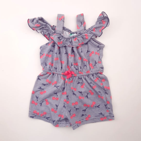 6-12M Girls White and Blue Striped Jumpsuit with Cherries - Ackermans