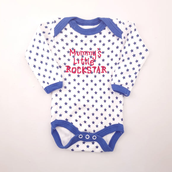 0-3M Boys White with Blue Stars Rockstar Long Sleeve Onesie - 123